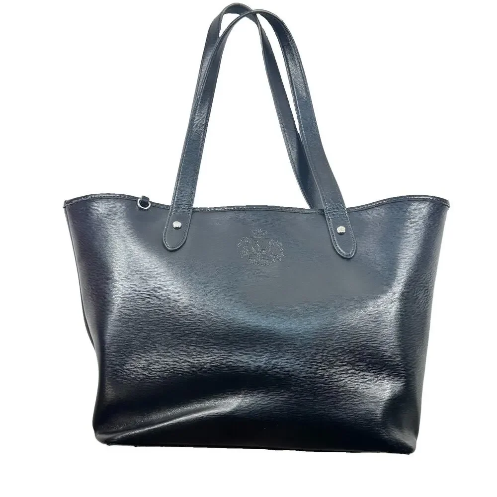 Lauren Ralph Lauren Black Tote Shoulder Bag Faux Saffiano Silver LRL 1696